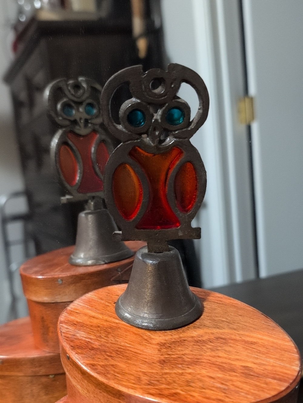 Vintage Cast Iron Owl Bell with Stained Glass